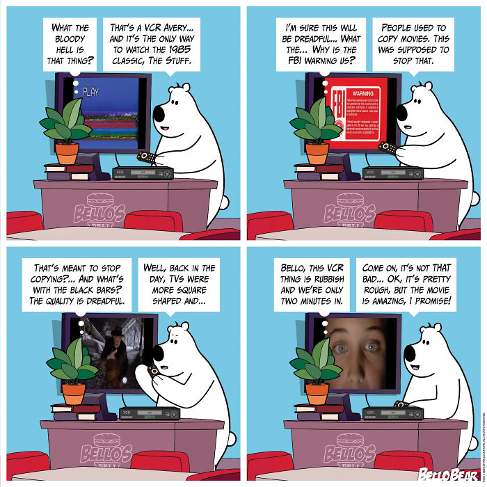 Comic strip featuring Bello Bear using a VCR, blending humor and curiosity in addictive online stories.