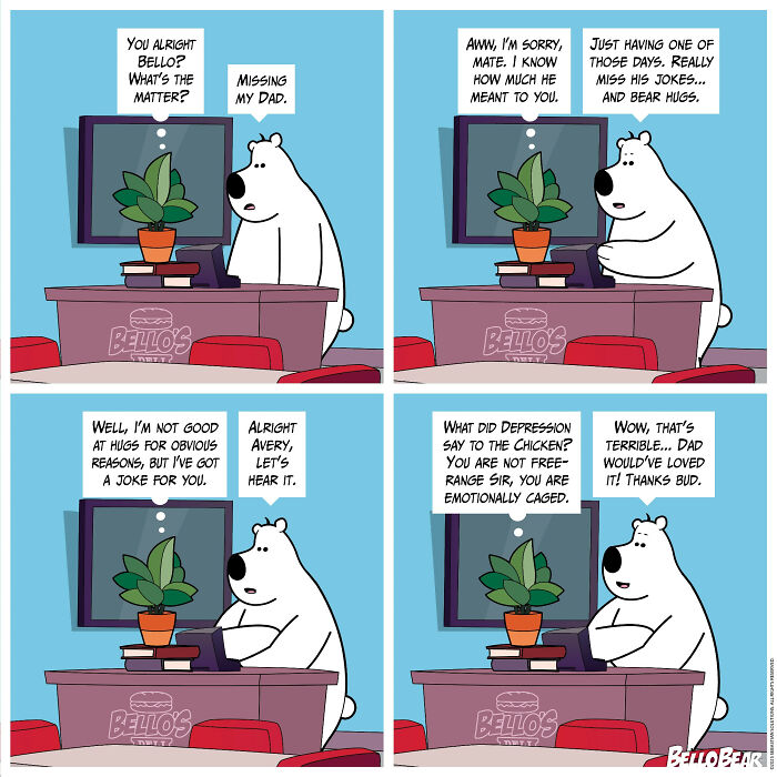 Bello Bear comic artist creating addictive humor and curiosity-driven online stories in a colorful four-panel cartoon.