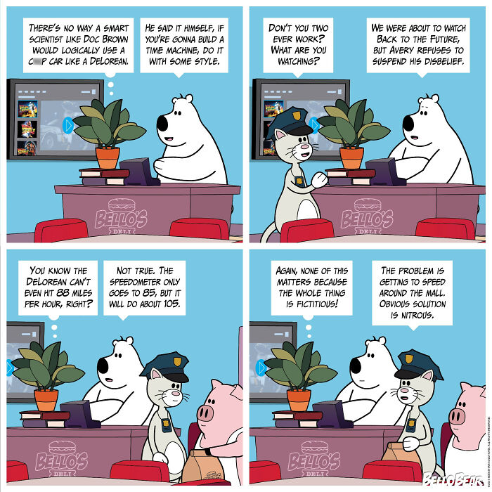Comic panels featuring Bello Bear and friends discussing time travel and fiction in a humorous online comic strip setting.