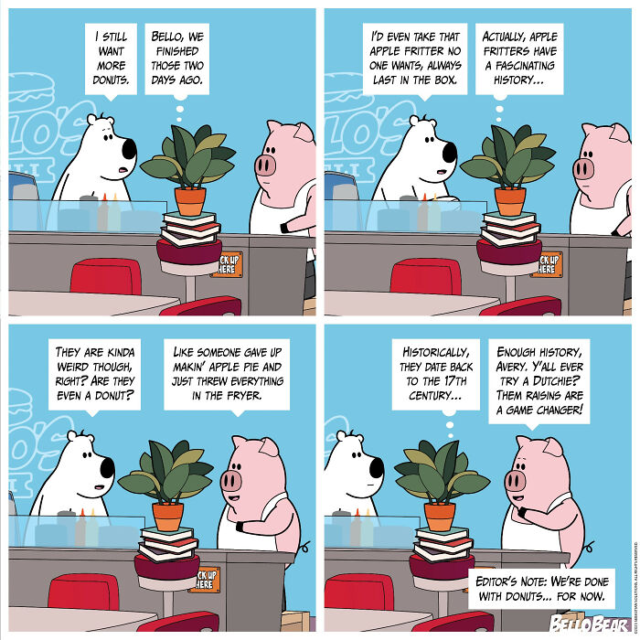 Comic strip by Bello Bear featuring a bear and pig discussing apple fritters with humor and curiosity.