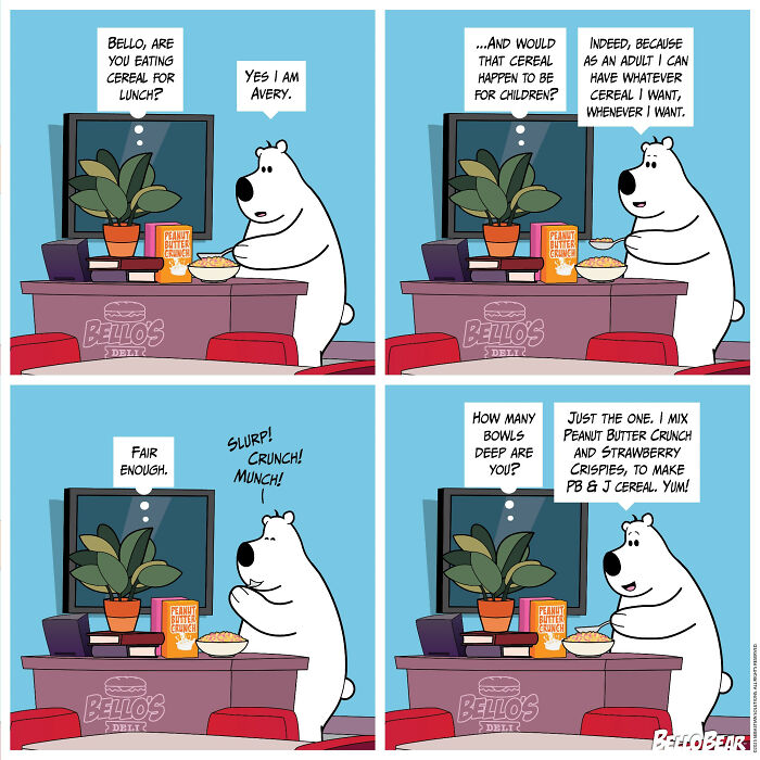 Comic strip by Bello Bear featuring a bear humorously eating cereal and mixing peanut butter crunch with strawberry crispies.