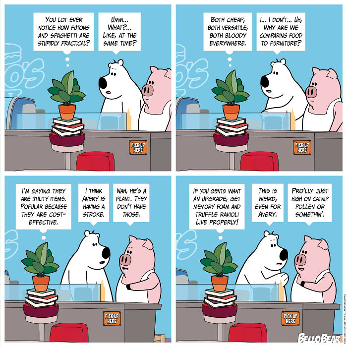 Bello Bear comic strip featuring a bear and pig humorously discussing futons and practical items.