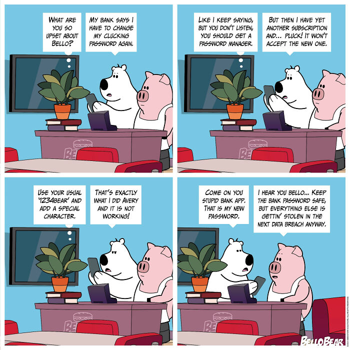 Comic panel featuring Bello Bear and a pig discussing password issues in a humorous and addictive online comic style.