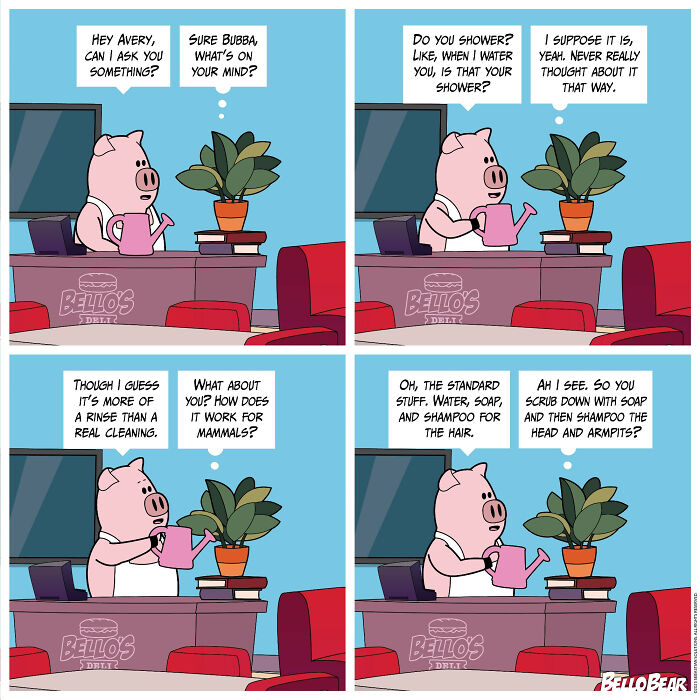 Comic artist Bello Bear’s humorous pig character watering a plant while discussing daily routines in an office setting.