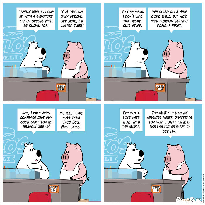 Comic artist Bello Bear’s characters discuss menu ideas and cravings in a humorous and addictive online story scene.