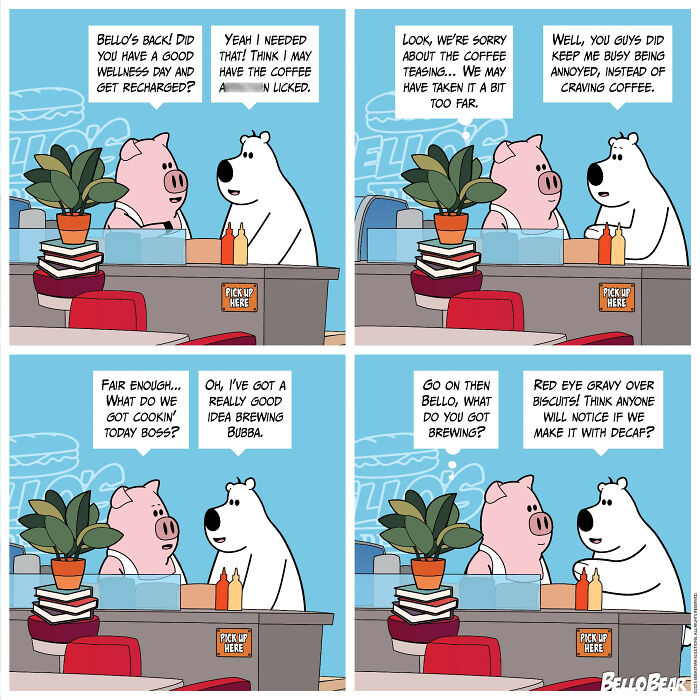 Bello Bear comic artist’s humorous characters discuss coffee and ideas in a colorful diner setting.