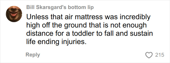 Comment about toddler injury concerns, questioning the height of the air mattress and the severity of the incident. Comment about toddler injury concerns, questioning the height of the air mattress and the severity of the incident.