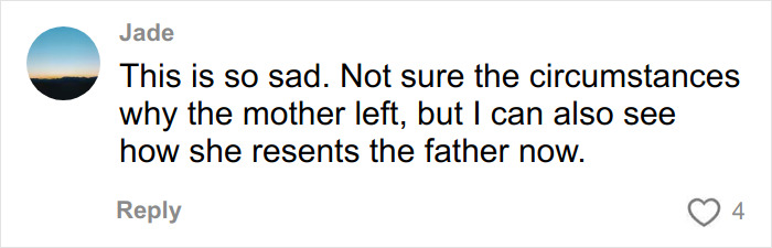 Commenter Jade expresses sadness and confusion about the mother leaving and resenting the father. Commenter Jade expresses sadness and confusion about the mother leaving and resenting the father.