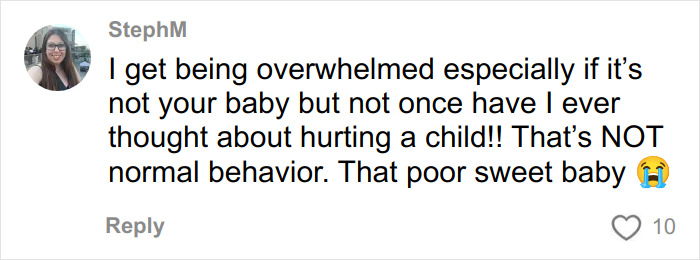 Comment expressing shock over behavior involving a toddler, with a crying emoji and 10 likes on social media. Comment expressing shock over behavior involving a toddler, with a crying emoji and 10 likes on social media.