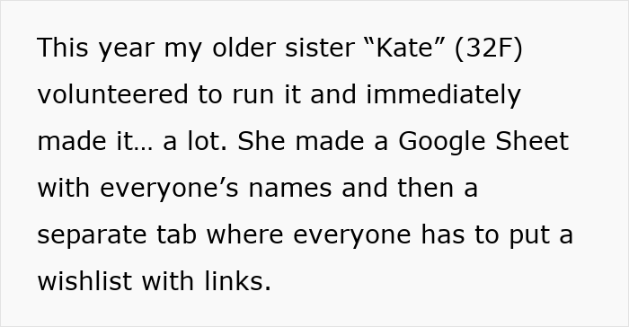 Google Sheet showing family Secret Santa wishlists with links, highlighting a luxe shopping list causing a drop out.