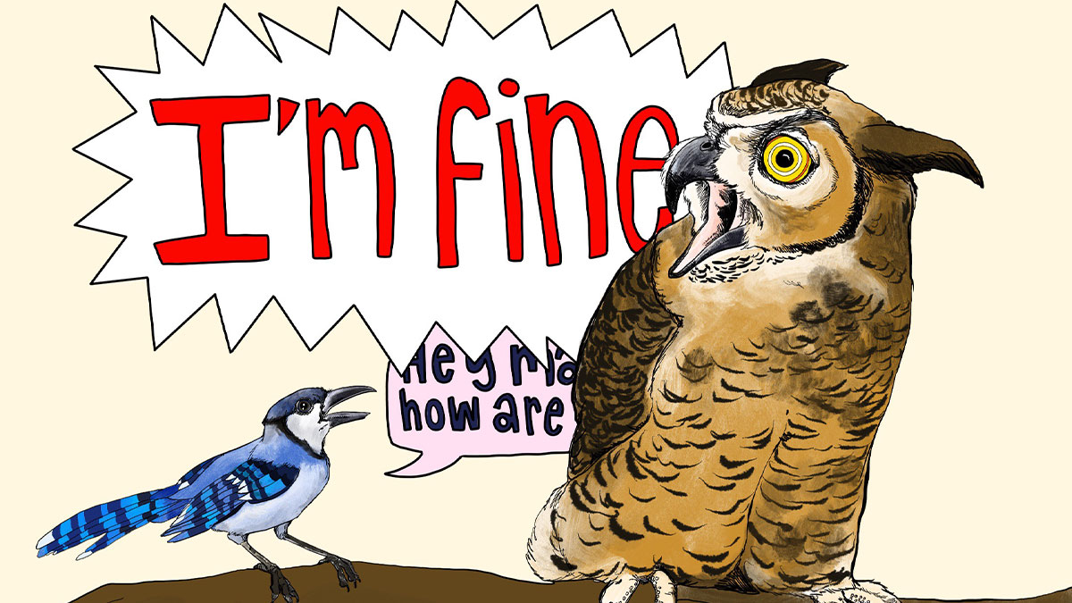 Cartoon of a blue jay asking how an owl is while the owl yells I'm fine in a funny animal comics style.
