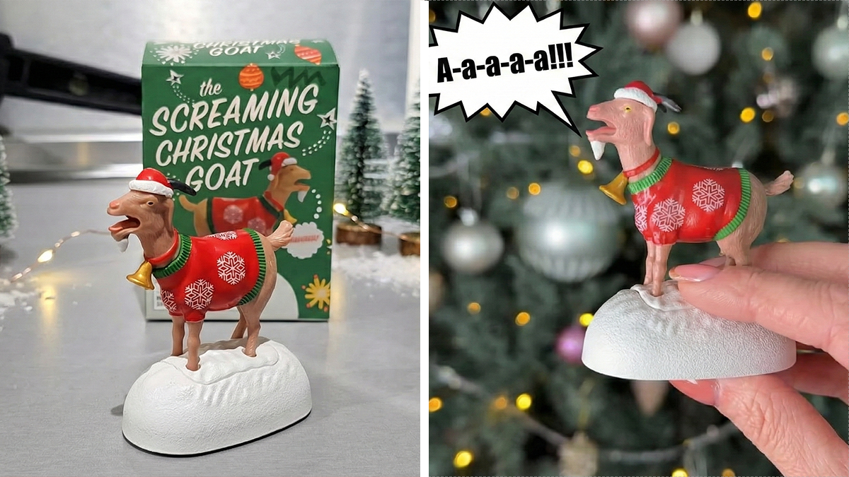 Screaming Christmas goat gag gift toy in holiday sweater, held by hand, surrounded by festive decorations and packaging.