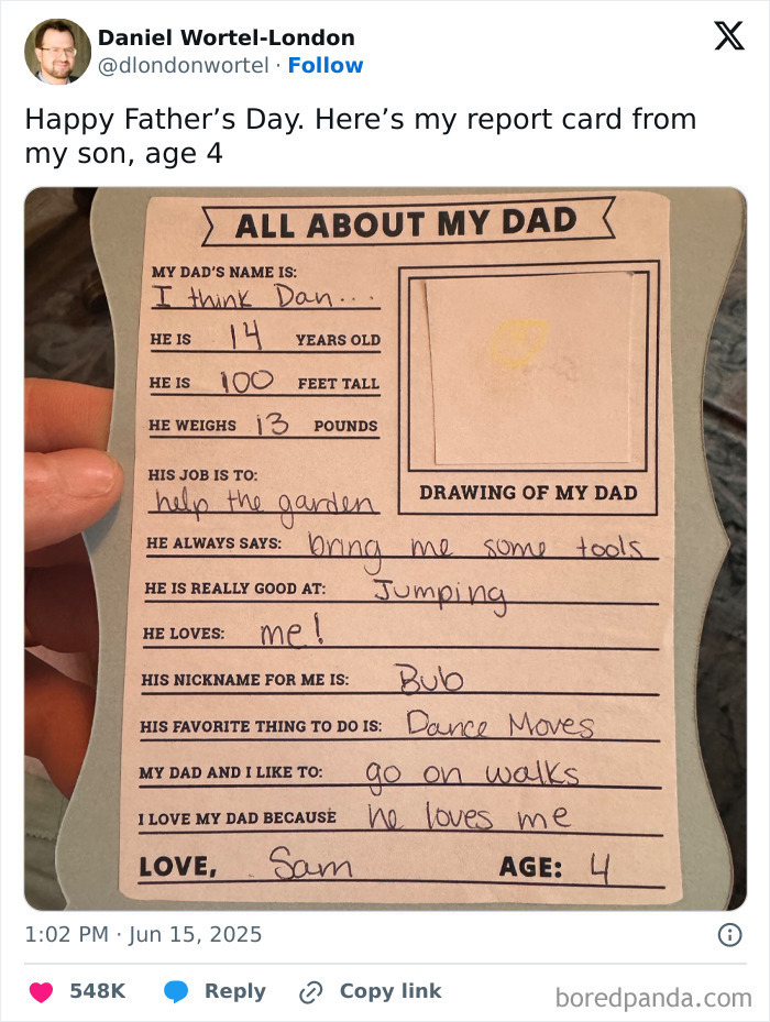 Child's handwritten report card about dad, shared in a popular parenting tweet from 2025 capturing heartfelt moments for parents.