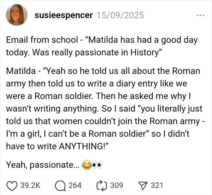 Parenting tweet from 2025 showing a humorous school email and child’s witty response about history homework.