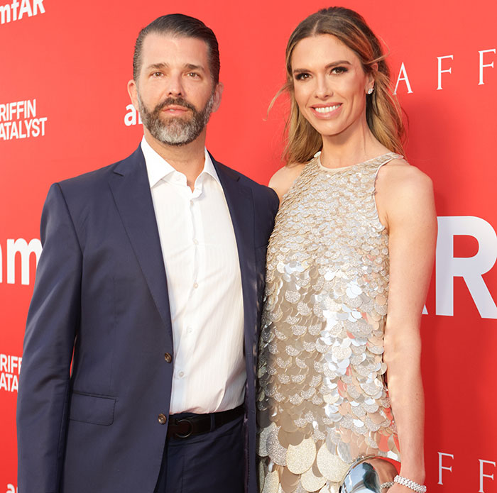 Donald Trump Jr. and partner posing on red carpet, engagement news sparking reactions after breakup announcement.