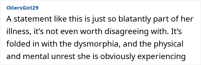 Screenshot of an online comment discussing body-shaming and dysmorphia in relation to Ariana Grande’s past claim controversy.