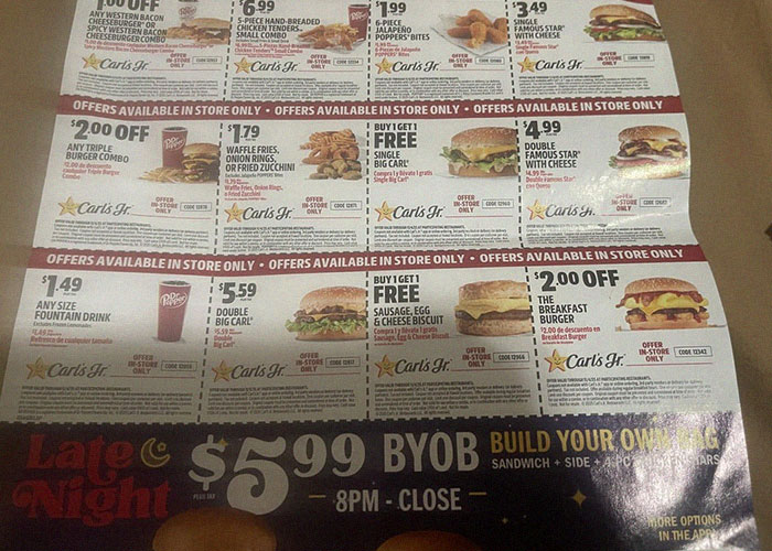 Carl's Jr. fast food menu with discounts and combos revealing industry secrets of food service jobs.
