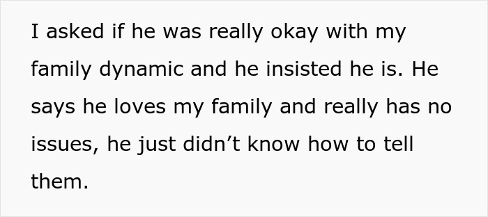 Text excerpt showing a woman questioning her fiancé’s honesty about her family dynamics before rethinking engagement.