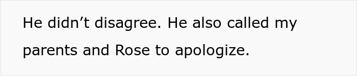 Text excerpt showing a person mentioning fiancé apologized to their parents and Rose after a family lie caused tension.