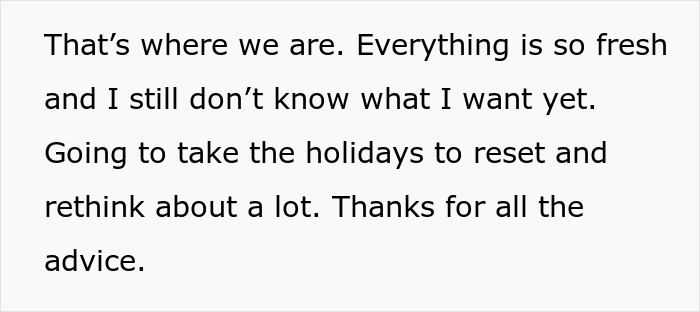 Text message on a white background about rethinking life decisions during the holidays after a fiancé’s family lie incident.