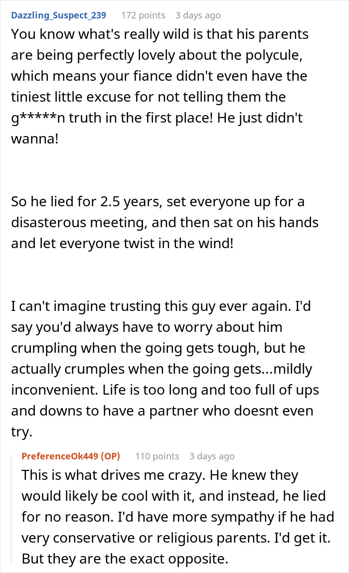 Reddit discussion about woman rethinking engagement after fiancé’s prolonged lie about her family revealed at holiday dinner.