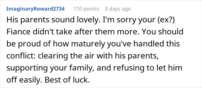 Commenter expressing sympathy for woman rethinking engagement after fiancé's family lie causes conflict during holiday dinner.