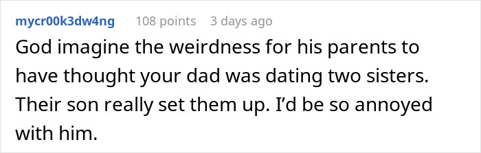 Screenshot of a social media comment discussing a fiancé’s lie about a woman’s family causing tension during holiday dinner.