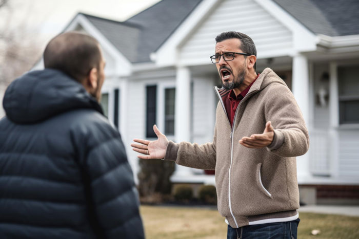 Man angrily confronting another outside a house, illustrating conflict over blocking fire hydrant and driveway issues. Man angrily confronting another outside a house, illustrating conflict over blocking fire hydrant and driveway issues.