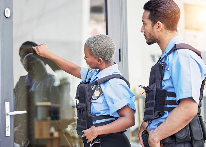 Two police officers in uniform knocking on a glass door, related to woman asking internet for advice novel content