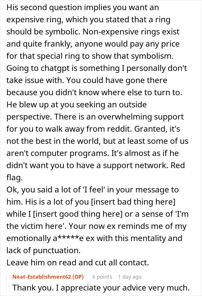 Reddit advice post discussing a man telling girlfriend she must earn an engagement ring after years together.