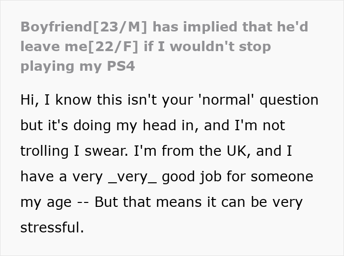Text excerpt from a boyfriend mocking girlfriend for playing video games to unwind, claiming it isn’t ladylike. Text excerpt from a boyfriend mocking girlfriend for playing video games to unwind, claiming it isn’t ladylike.