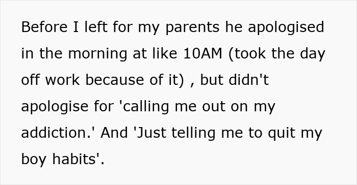 Text excerpt about a guy mocking his girlfriend for playing video games to unwind, calling it not ladylike. Text excerpt about a guy mocking his girlfriend for playing video games to unwind, calling it not ladylike.