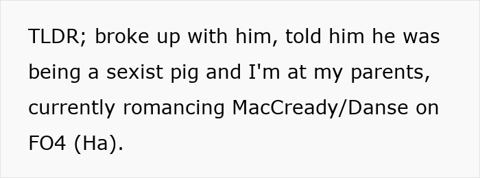Text with a woman mocking her boyfriend for saying video games aren’t ladylike as a way to unwind after a breakup. Text with a woman mocking her boyfriend for saying video games aren’t ladylike as a way to unwind after a breakup.