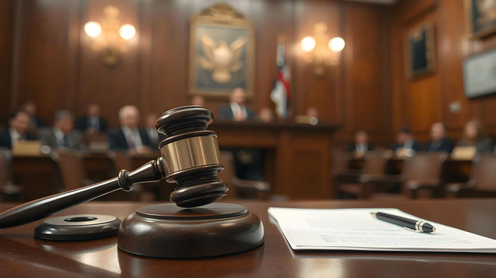Gavel on a desk in a courtroom during a custody hearing with family members and a judge in the background. Gavel on a desk in a courtroom during a custody hearing with family members and a judge in the background.