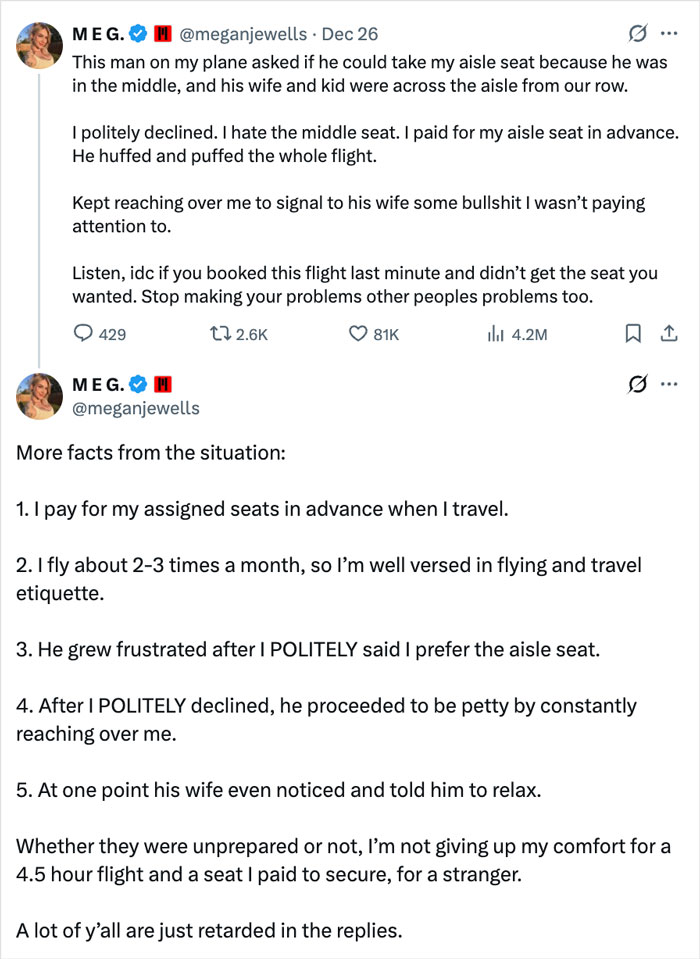 Tweet thread explaining a woman&rsquo;s experience with a man punishing her for refusing to switch seats on a flight.