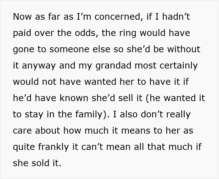 Text excerpt about woman pawning family heirloom ring and sister-in-law buying it back, causing conflict over returning it. Text excerpt about woman pawning family heirloom ring and sister-in-law buying it back, causing conflict over returning it.