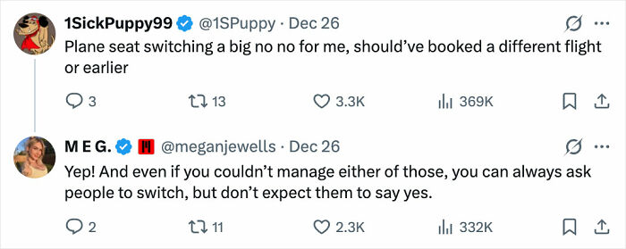 Screenshot of a Twitter conversation about plane seat switching causing debate and punishment on a flight.