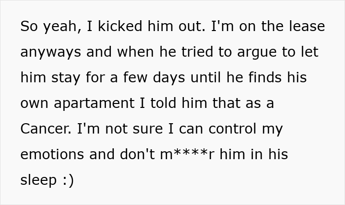 Text snippet from a woman explaining she kicked out her cheating boyfriend and mentions being a Cancer sign affecting her emotions.