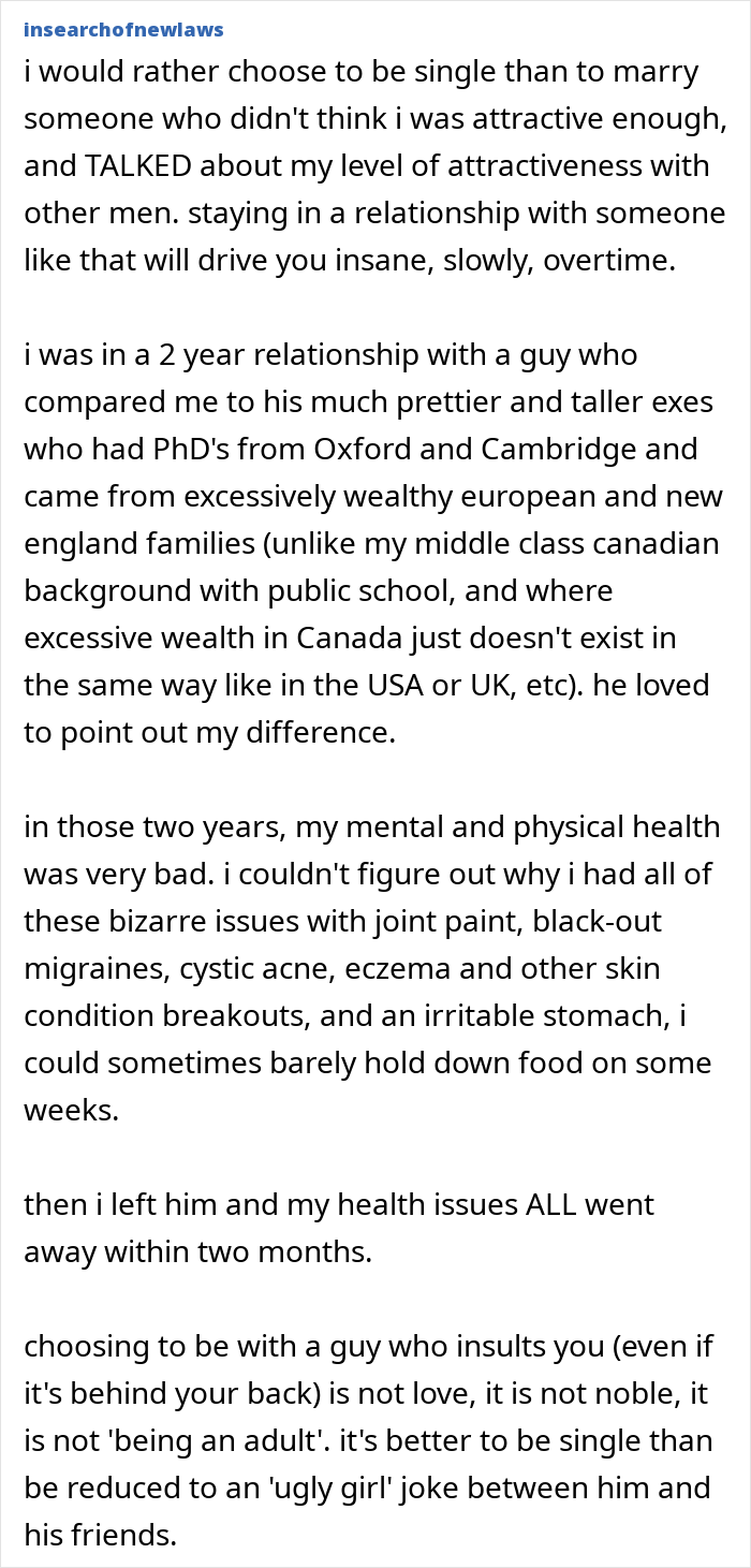 Text post describing a woman’s experience finding secret texts of fiancé complaining about her appearance and wedding photos. Text post describing a woman’s experience finding secret texts of fiancé complaining about her appearance and wedding photos.