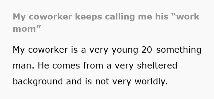 Woman looking confused as coworker insists on calling her his work mom in an awkward office interaction.