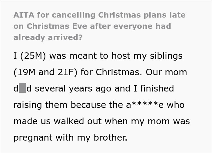Text post showing a man explaining why he kicked siblings out after they shared their surprise plan for Christmas. Text post showing a man explaining why he kicked siblings out after they shared their surprise plan for Christmas.