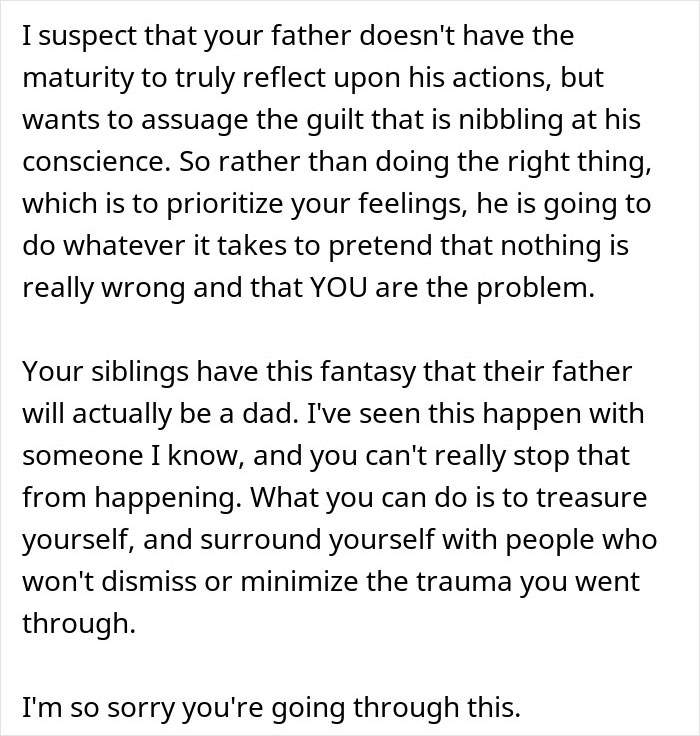 Alt text: Text discussing a guy kicking siblings out after they share a surprise plan and addressing family trauma and feelings. Alt text: Text discussing a guy kicking siblings out after they share a surprise plan and addressing family trauma and feelings.