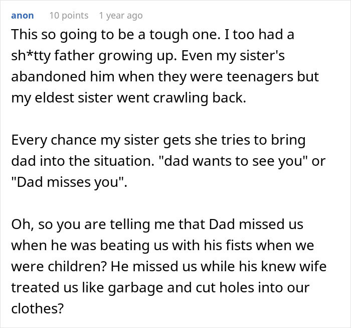 Comment discussing difficult family dynamics as a guy kicks siblings out after they share planned surprise.