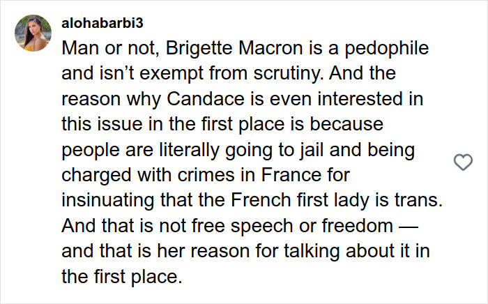Social media comment discussing Candace Owens&rsquo; controversial remarks about Brigitte Macron and public reaction.