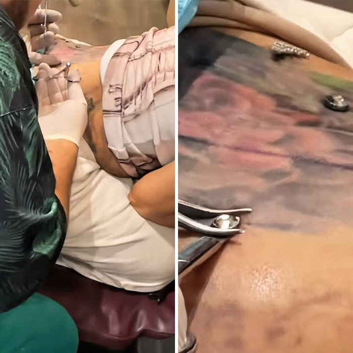 Cardi B receiving new neck and back piercings from a professional in a tattoo studio setting. Cardi B receiving new neck and back piercings from a professional in a tattoo studio setting.