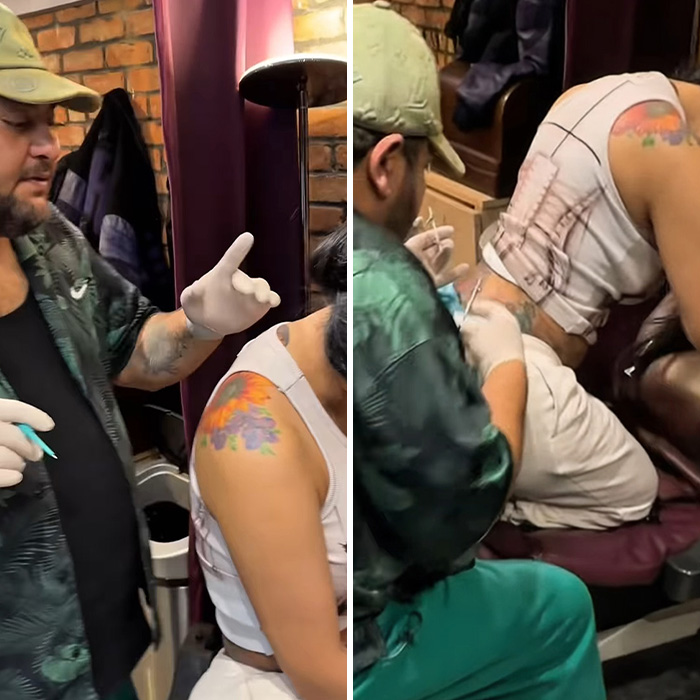 Tattoo artist wearing gloves piercing a woman's neck and back in a studio, highlighting new neck and back piercings. Tattoo artist wearing gloves piercing a woman's neck and back in a studio, highlighting new neck and back piercings.