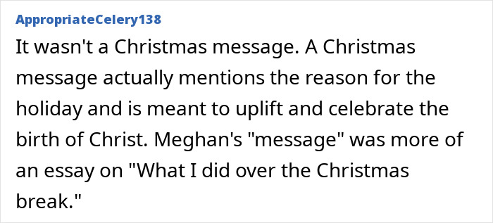 Comment discussing Meghan Markle's Christmas message and rumors about Prince Harry split involving holiday meaning and celebration. Comment discussing Meghan Markle's Christmas message and rumors about Prince Harry split involving holiday meaning and celebration.