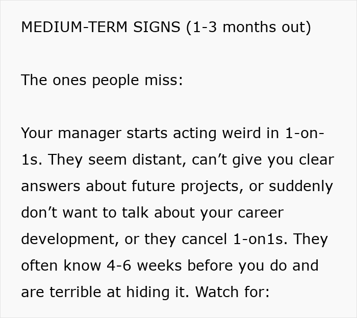 Medium-term signs your job is not safe include distant managers avoiding career talks and canceling one-on-ones. Medium-term signs your job is not safe include distant managers avoiding career talks and canceling one-on-ones.