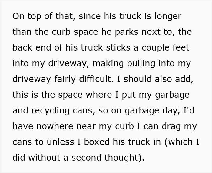 Text describing a truck blocking a driveway and fire hydrant, causing difficulty accessing the driveway and garbage cans. Text describing a truck blocking a driveway and fire hydrant, causing difficulty accessing the driveway and garbage cans.