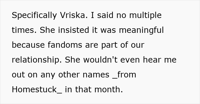 Text discussing a couple's conflict over a newborn's bizarre name linked to fandoms and escalating real Tragedeigh tension.